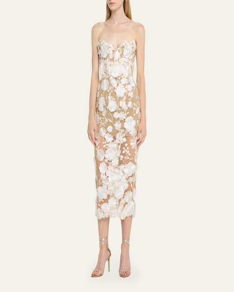 Jasmine Strapless Floral Applique Midi Dress