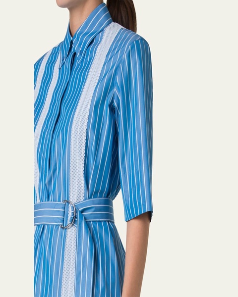 Striped Cotton Poplin Belted Short-Sleeve Shirtdress