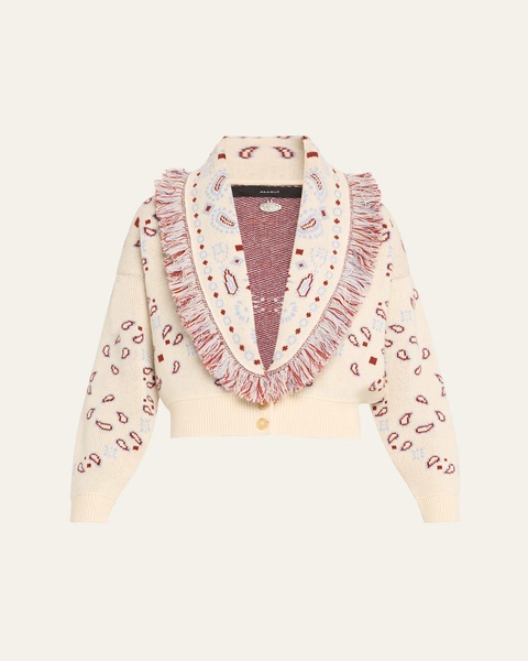 Jacquard Bandana Fringe Wool Cashmere Bomber Cardigan, White
