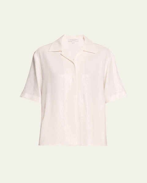 Sequined Short Sleeve Button Up Top