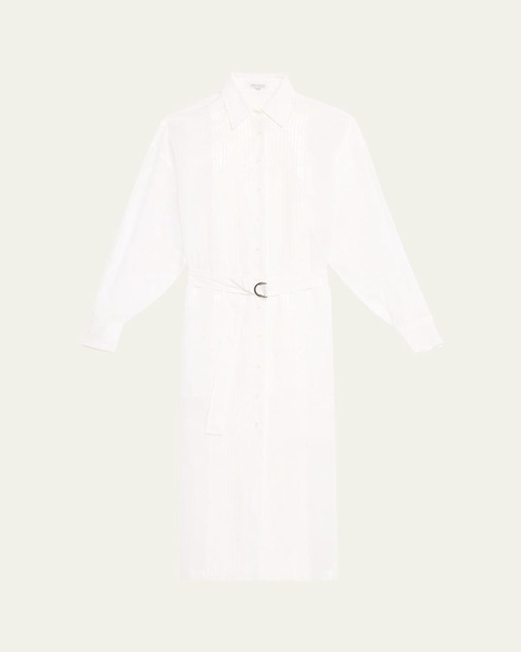 Tuxedo Bib Long-Sleeve Belted Organza Tunic Shirt