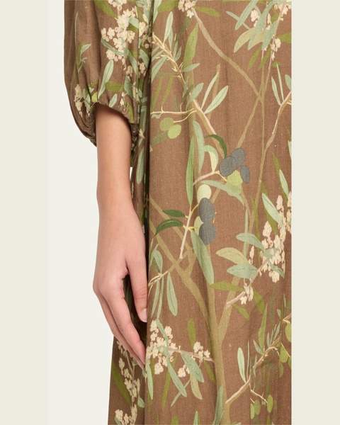 Puff-Sleeve Printed Linen Maxi Dress