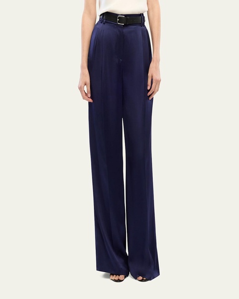 Double-Pleated Satin Wide-Leg Trousers