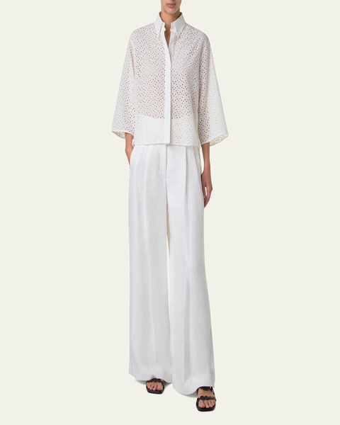 Eyelet Three-Quarter Sleeve Poplin Blouse