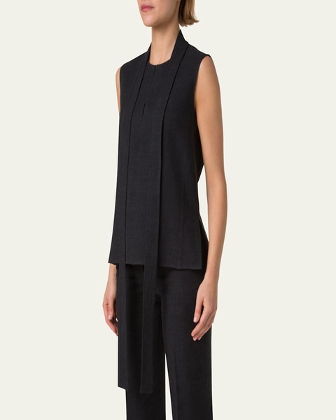 Neck-Tie Stonewash Twisted Linen-Blend Sleeveless Blouse