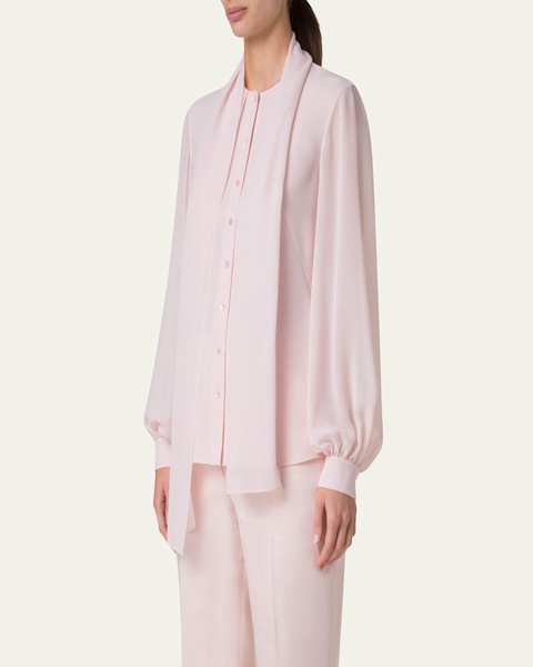 Button-Down Silk Georgette Scarf Blouse