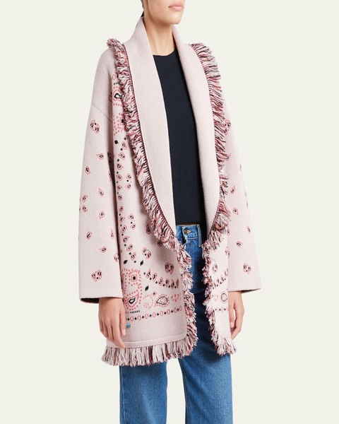 Jacquard Bandana Fringe Belted Cashmere Cardigan, Pink