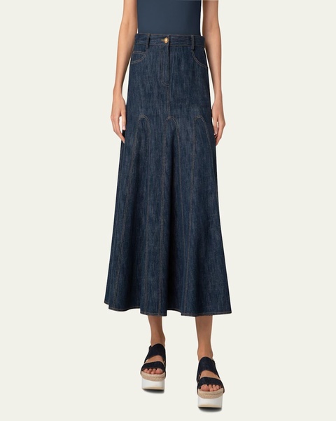 Cotton Wool Denim Midi Skirt