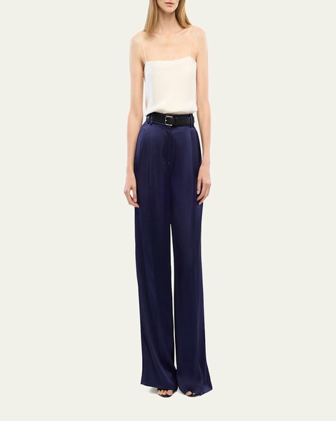 Double-Pleated Satin Wide-Leg Trousers