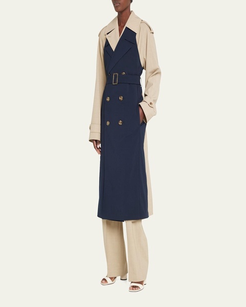 Bricolage Double-Breasted Bicolor Belted Trench Coat