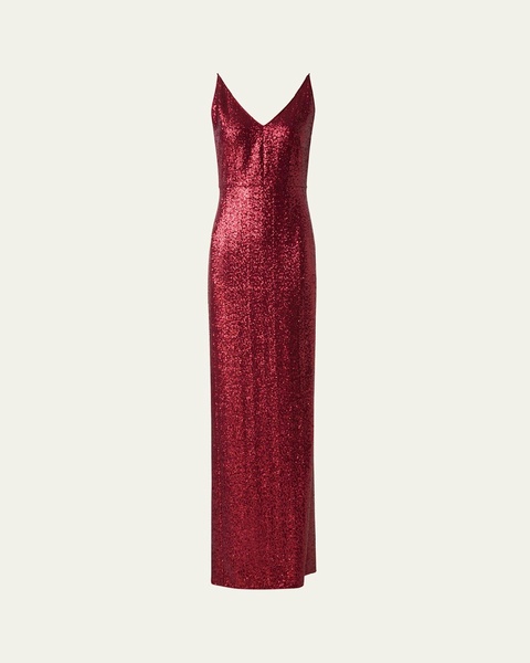 V-Neck Stretch Paillette Jersey Slit Gown