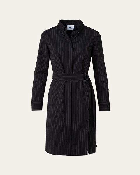 Pinstripe Belted Wool Shirt Dress
