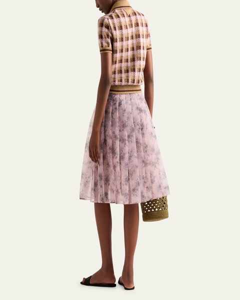 Nylonette Floral Print Pleated Midi Skirt