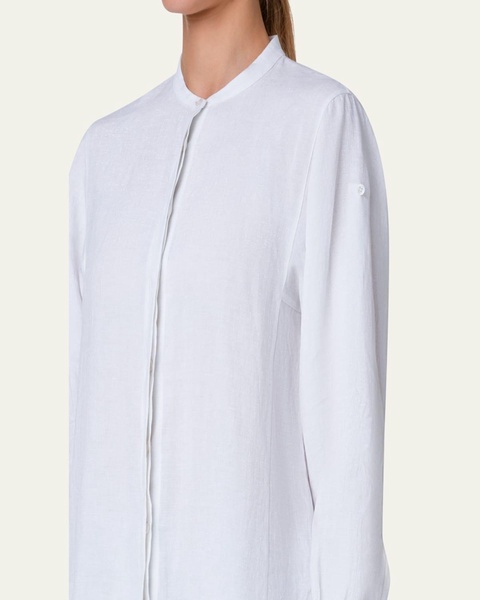 Band-Collar Linen Tunic Blouse