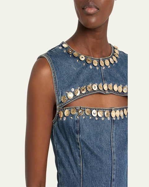 Crystal Button Studded Slit Denim Mini Dress