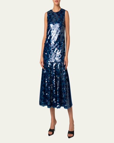 Mix-Media Dot Sequined Flounce Midi Dress