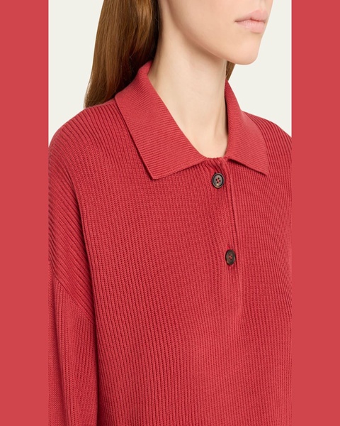 Cotton Rib-Knit Long-Sleeve Polo Sweater