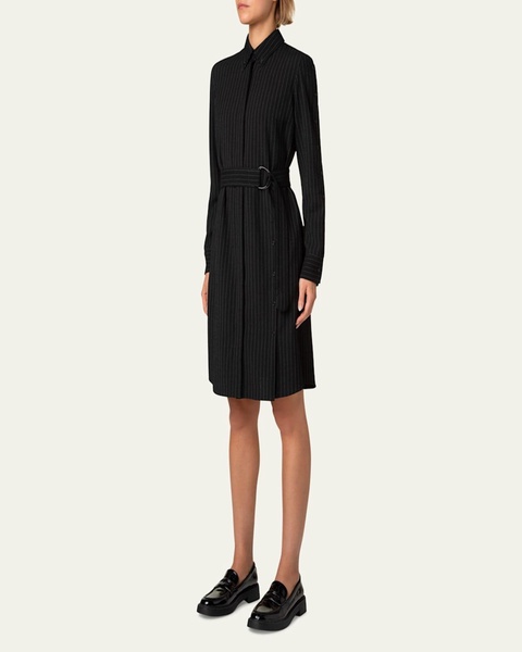 Pinstripe Belted Wool Shirt Dress