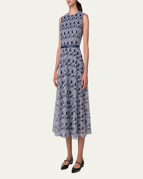Abstract-Print Tulle Belted Midi Dress