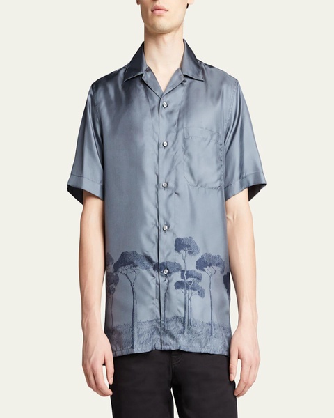 Men's Roman Tree-Print Silk Camp Shirt