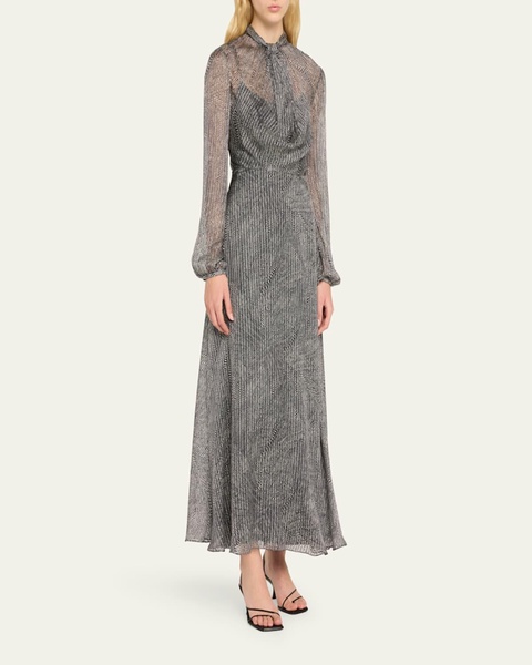 Drape Neck Printed Silk Jacquard Dress