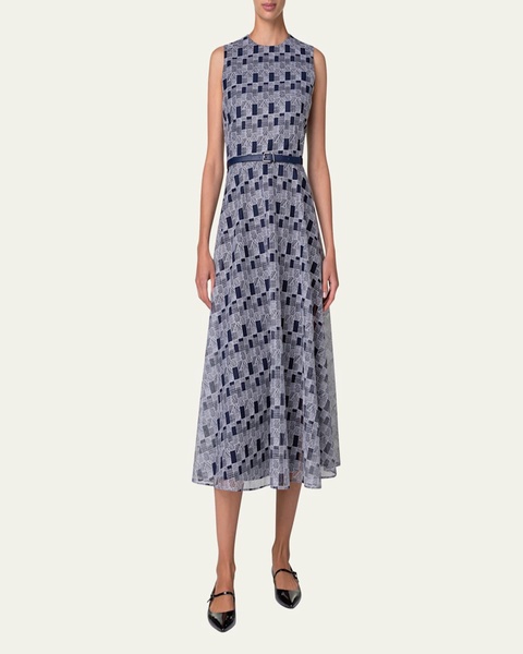 Abstract-Print Tulle Belted Midi Dress