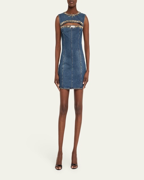 Crystal Button Studded Slit Denim Mini Dress