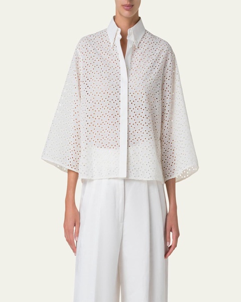 Eyelet Three-Quarter Sleeve Poplin Blouse