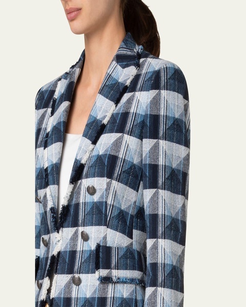 Rhombus Jacquard Denim Blazer with Double Breast Illusion