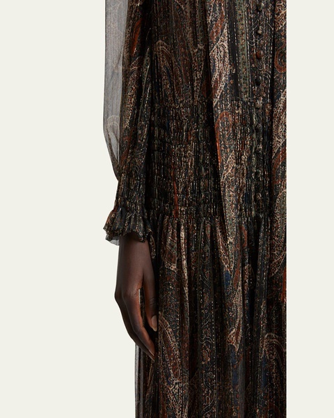 Paisley Sheer Smocked Tie-Neck Gown