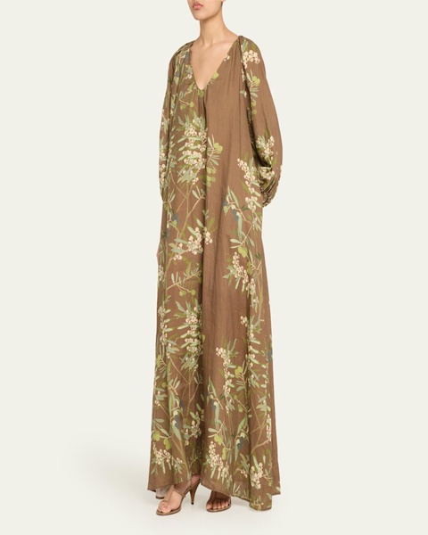 Puff-Sleeve Printed Linen Maxi Dress