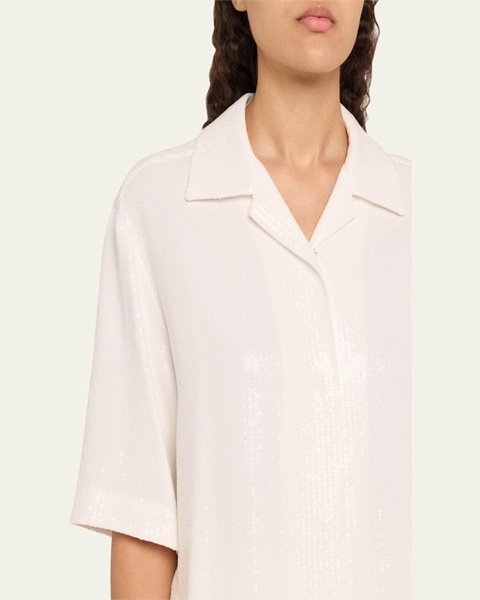 Sequined Short Sleeve Button Up Top