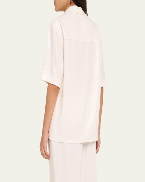 Sequined Short Sleeve Button Up Top