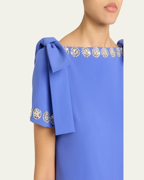 Crystal-Trim Boatneck Column Gown With Shoulder Bows