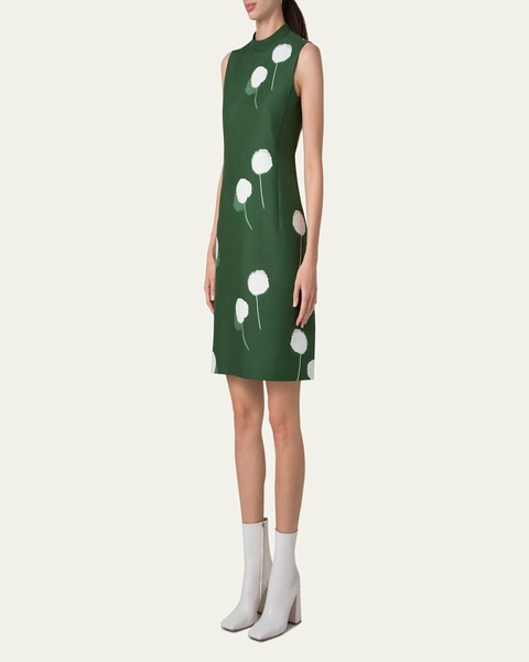 Windflower-Print Sleeveless Cotton-Silk Dress