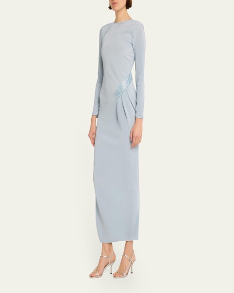 Plisse Jersey Gown with Beaded Hip Detail