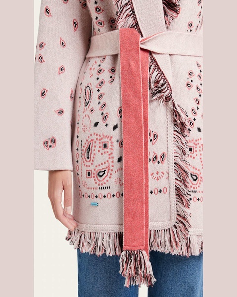 Jacquard Bandana Fringe Belted Cashmere Cardigan, Pink