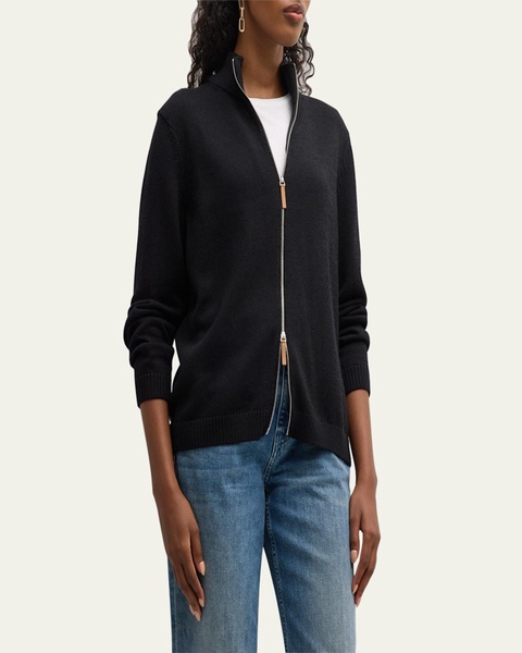 Cotton-Silk Tape Fitted Bomber Sweater
