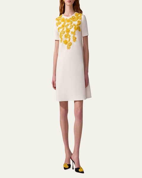 Embellished Wool A-Line Shift Mini Dress