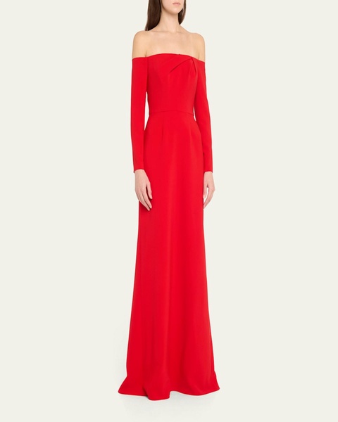 Draped Long-Sleeve Off-The-Shoulder Trumpet Gown