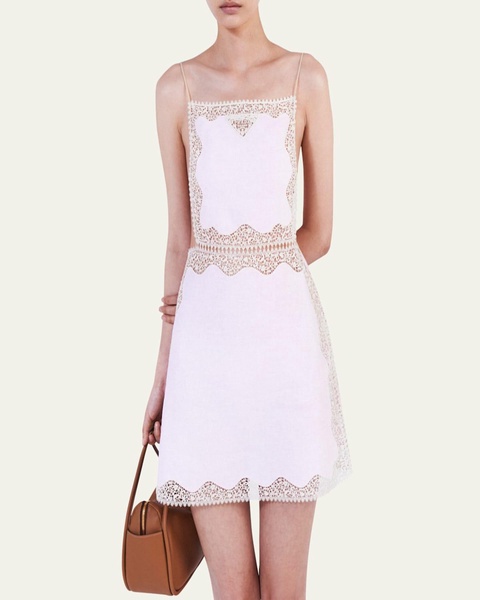 Linen Mini Dress with Lace Embroidery