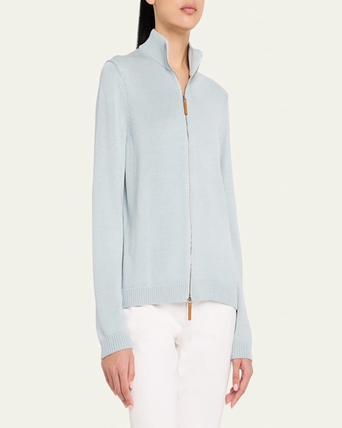 Cotton-Silk Tape Fitted Bomber Sweater