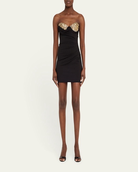 Crystal Button Cluster Embroidered Draped Mini Dress