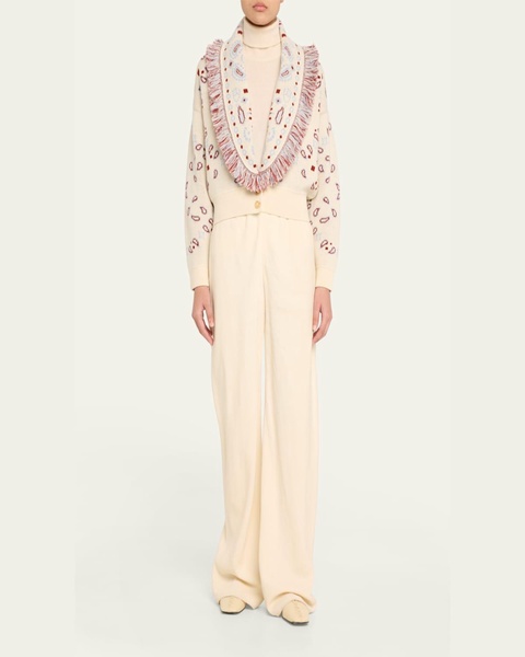 Jacquard Bandana Fringe Wool Cashmere Bomber Cardigan, White