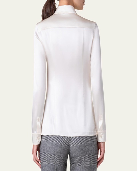 Button Down Silk Satin Stretch Blouse