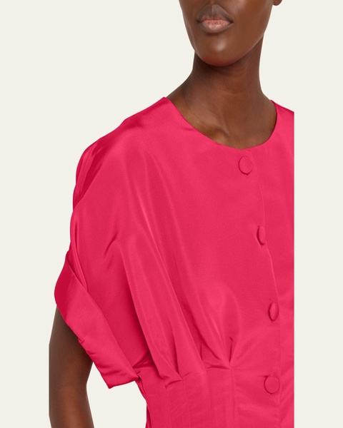 Corset-Waist Short-Sleeve Button-Front Gown