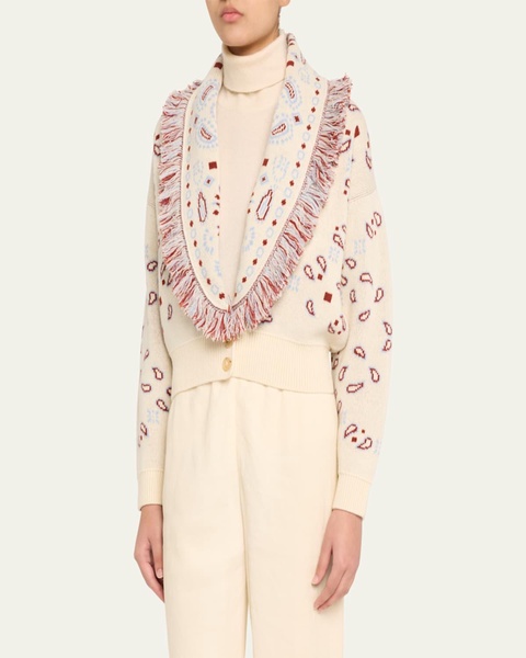 Jacquard Bandana Fringe Wool Cashmere Bomber Cardigan, White