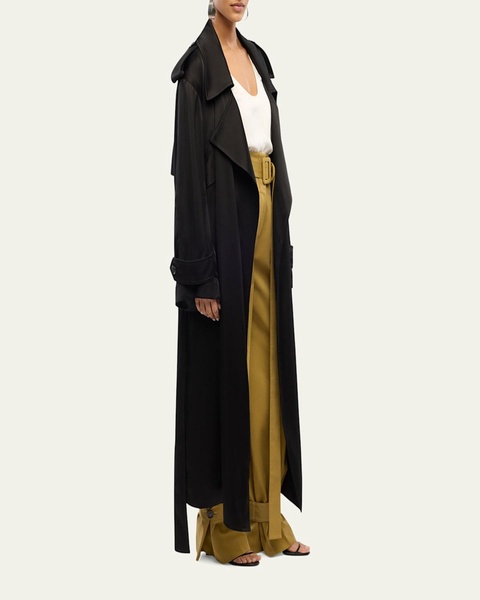 Soft Satin Belted Long Trench Coat