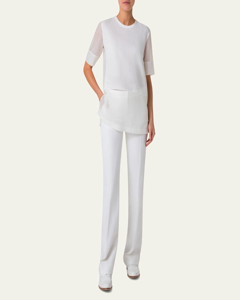 Mixed-Media Linen Striped Organza Short-Sleeve Blouse