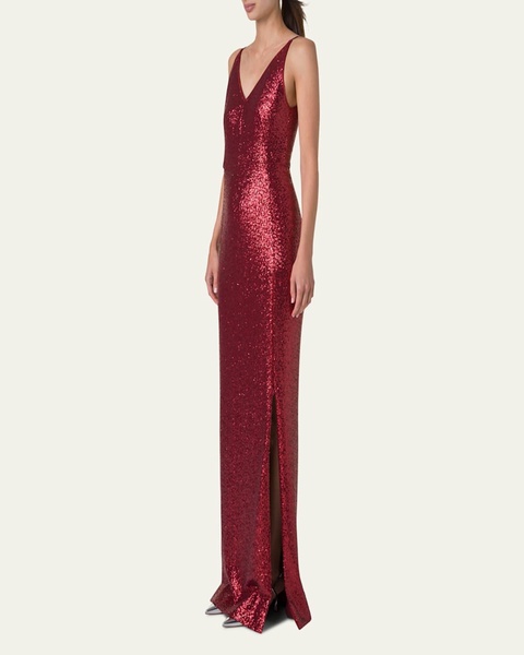 V-Neck Stretch Paillette Jersey Slit Gown